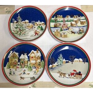 VTG Artmark Porcelain Christmas Plates, Set Of 4, Christmas Village Scene, 6.25”